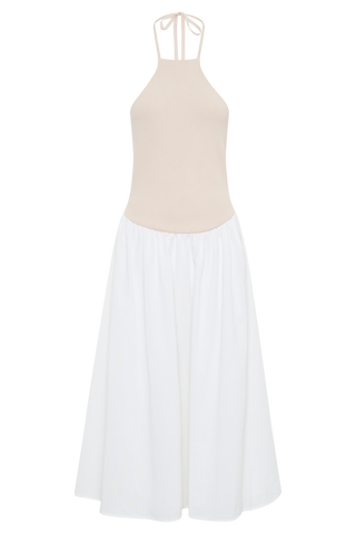 Katie Örgü Ve Keten Midi Elbise - Doğal/Beyaz