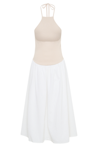 Katie Örgü Ve Keten Midi Elbise - Doğal/Beyaz