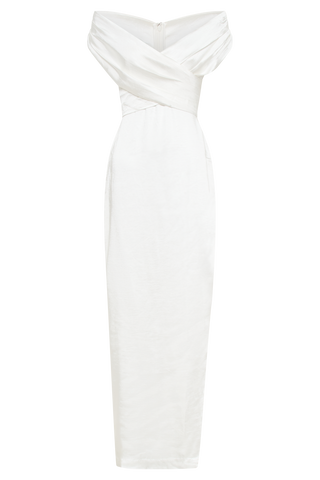 Harley Düşük Omuz Saten Maxi Elbise - Fildişi