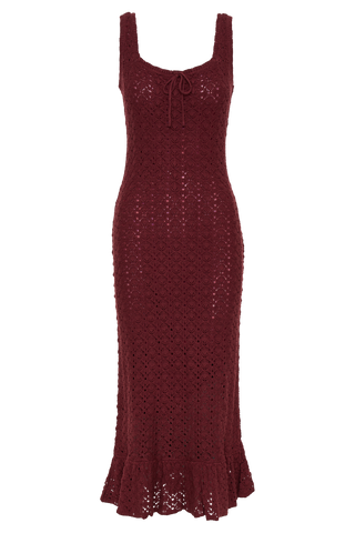 Sylvie Fırfırlı Örgü Midi Elbise - Şarap