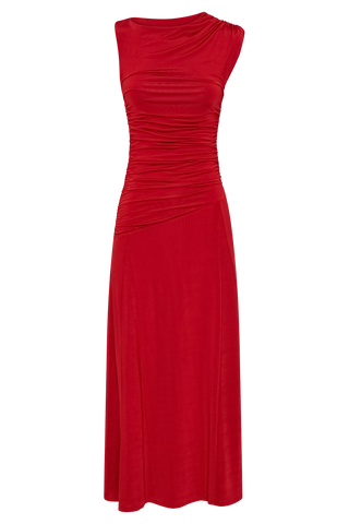 Navanna Asimetrik Dar Midi Elbise - Kırmızı