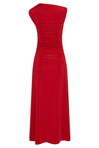 Navanna Asimetrik Dar Midi Elbise - Kırmızı
