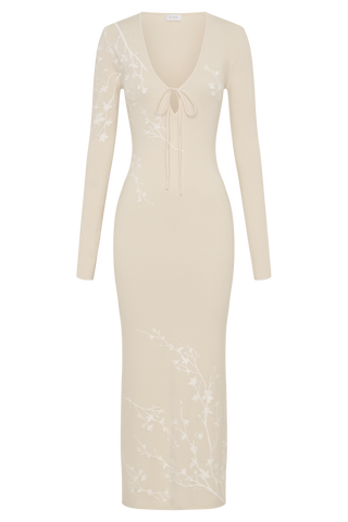Mckenna Nakışlı Triko Midi Elbise - Krem Ve Fildişi