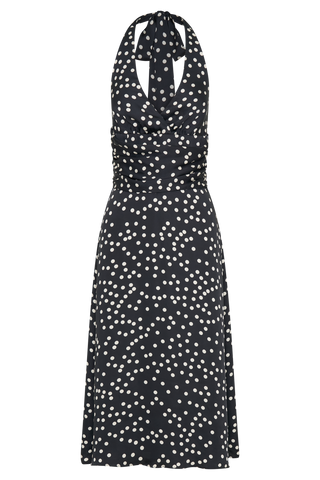 Marguerite Saten Boyundan Bağlamalı Midi Elbise - Siyah Puantiyeli Baskı