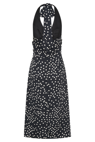 Marguerite Saten Boyundan Bağlamalı Midi Elbise - Siyah Puantiyeli Baskı