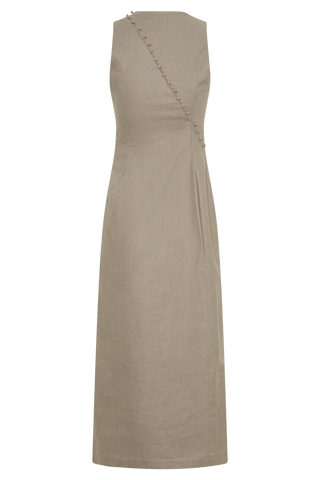 Bronte Keten Düğmeli Midi Elbise - Çakıl Taşı