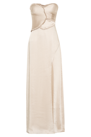 Larissa Dantelli Yapraklı Saten Maxi Elbise - Allık Altın