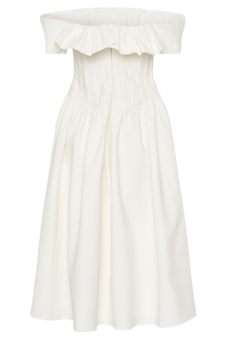 Orla Straplez Pamuk Midi Elbise - Beyaz