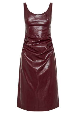 Sonia Suni Deri Midi Elbise - Kiraz Kırmızı