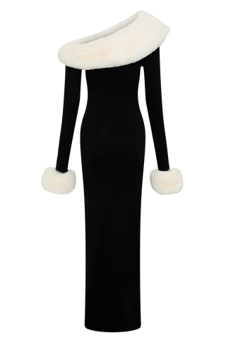 Elegan Kürk Detaylı Siyah Elbise