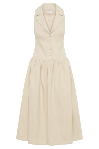Valery Keten Midi Yaka Elbise - Naturel