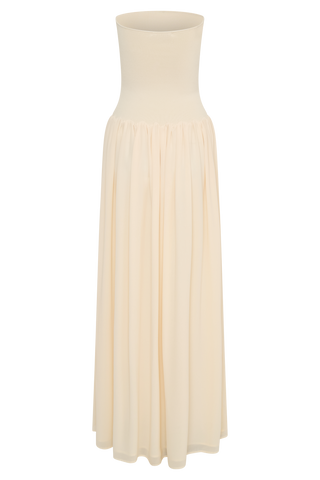 Lyanna Örgü Şifon Straplez Uzun Elbise - Krem