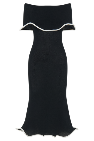 Molly Düşük Omuzlu Triko Midi Elbise - Siyah/Beyaz