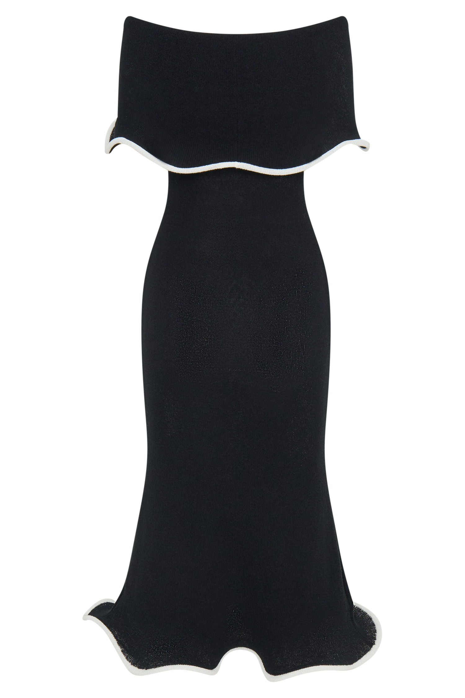 Molly Düşük Omuzlu Triko Midi Elbise - Siyah/Beyaz