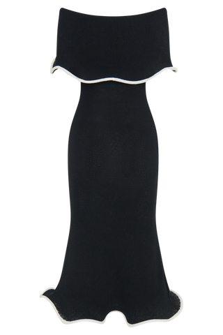 Molly Düşük Omuzlu Triko Midi Elbise - Siyah/Beyaz