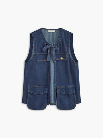 Kravat Yaka Cepli Pileli Denim Uzun Üst