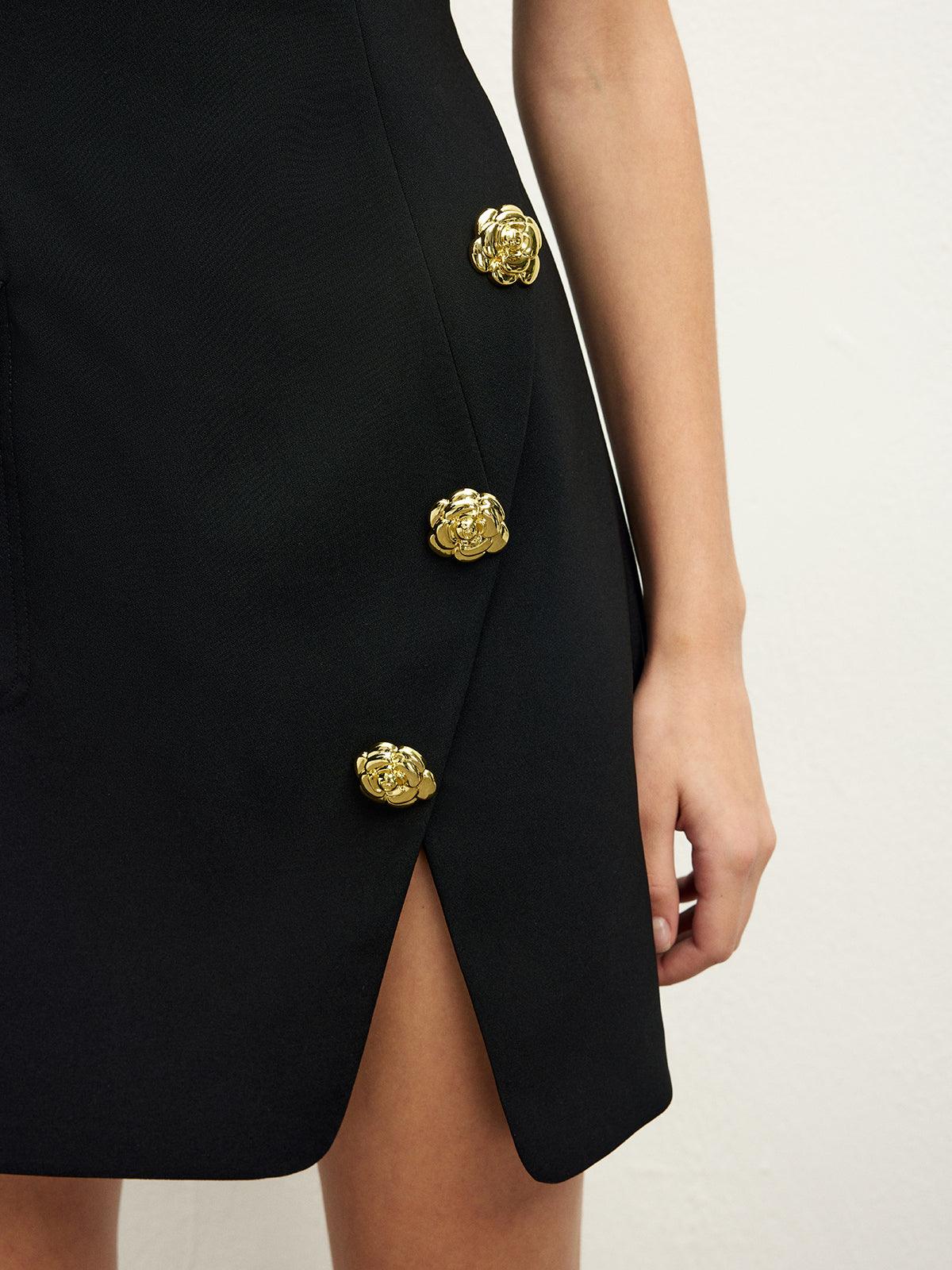 Siyah Altın Düğme Detaylı Mini Elbise