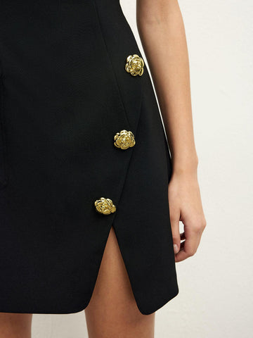 Siyah Altın Düğme Detaylı Mini Elbise