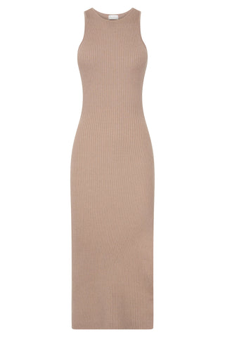 Sienna Yandan Bölmeli Diz Boyu Örgü Midi Elbise - Taupe