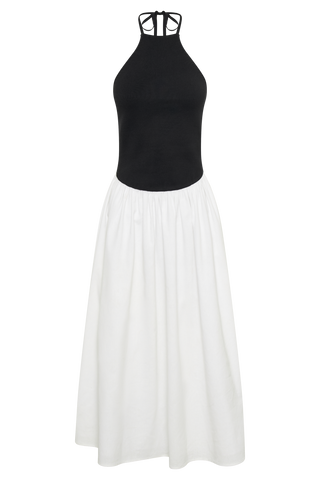 Katie Örgü Ve Keten Midi Elbise - Siyah/Beyaz