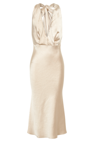 Terri Saten Kukuletalı Midi Elbise - Altın