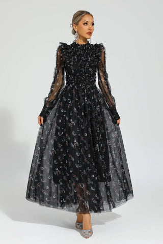 Elara Siyah Çiçekli Uzun Kollu Maksi Elbise