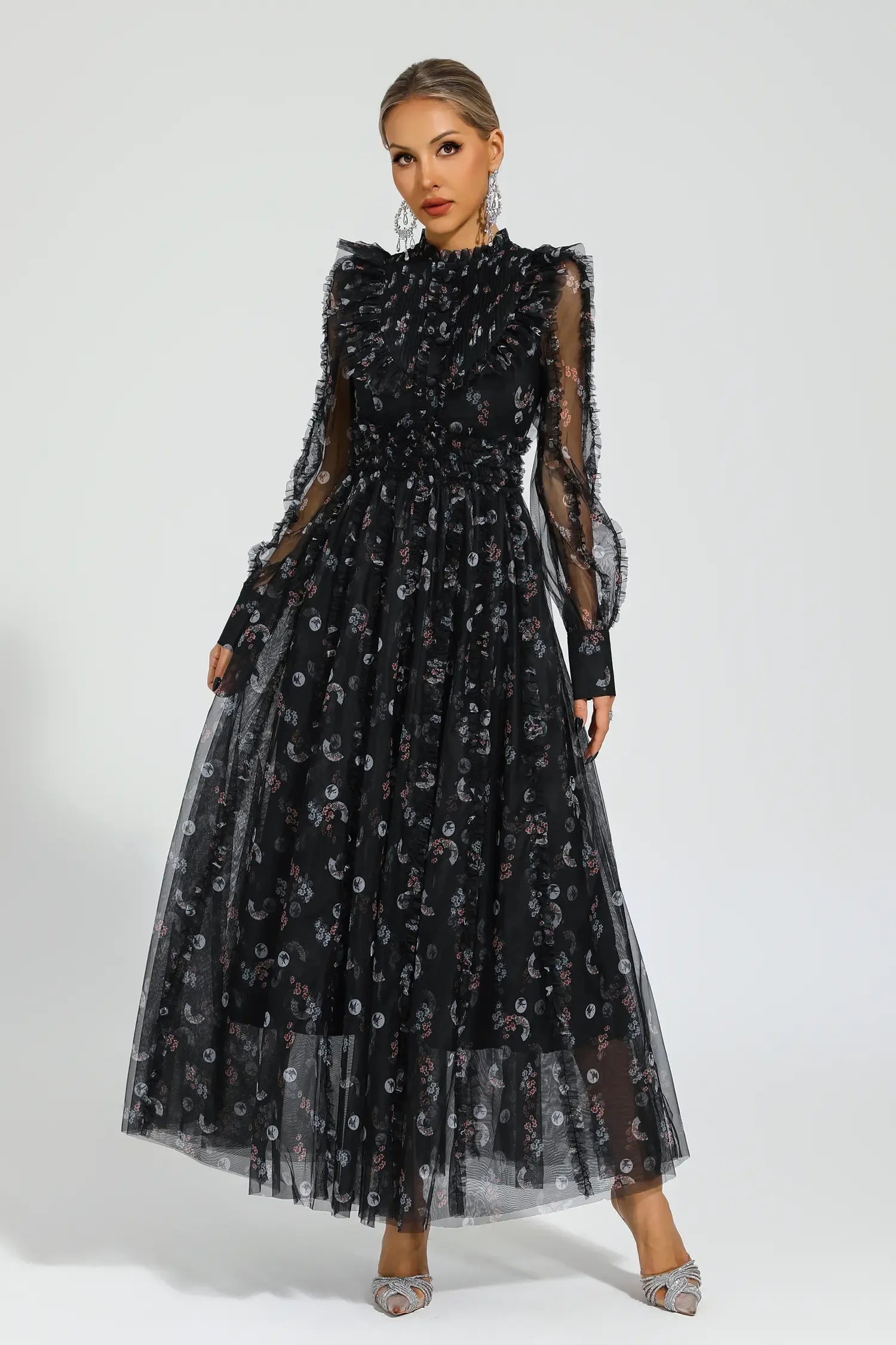 Elara Siyah Çiçekli Uzun Kollu Maksi Elbise