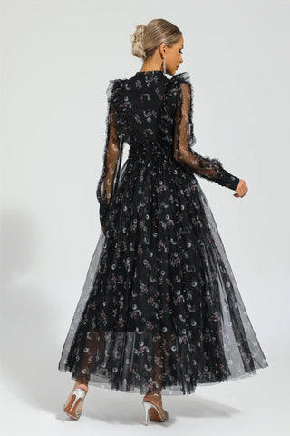 Elara Siyah Çiçekli Uzun Kollu Maksi Elbise
