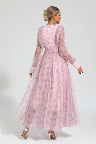Elara Pembe Çiçekli Uzun Kol Uzun Elbise