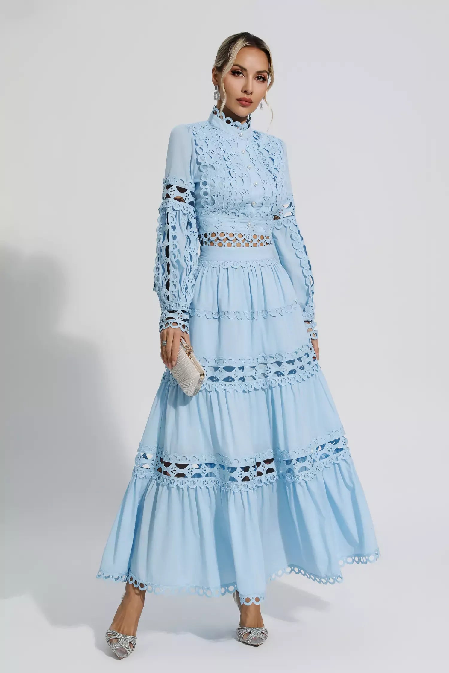 Julieta Mavi Kesik Uzun Kollu Maksi Elbise