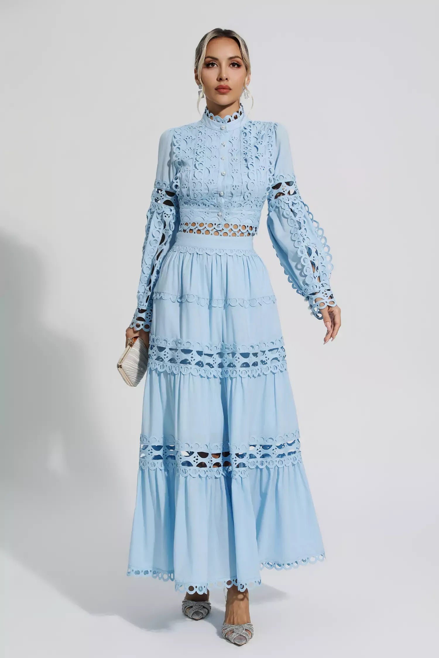 Julieta Mavi Kesik Uzun Kollu Maksi Elbise