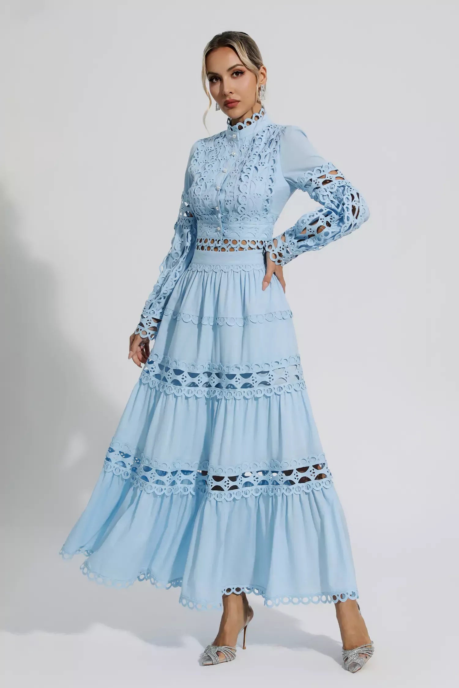 Julieta Mavi Kesik Uzun Kollu Maksi Elbise