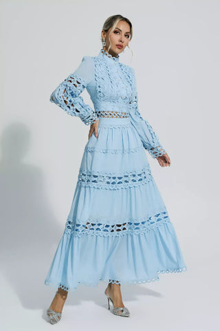 Julieta Mavi Kesik Uzun Kollu Maksi Elbise