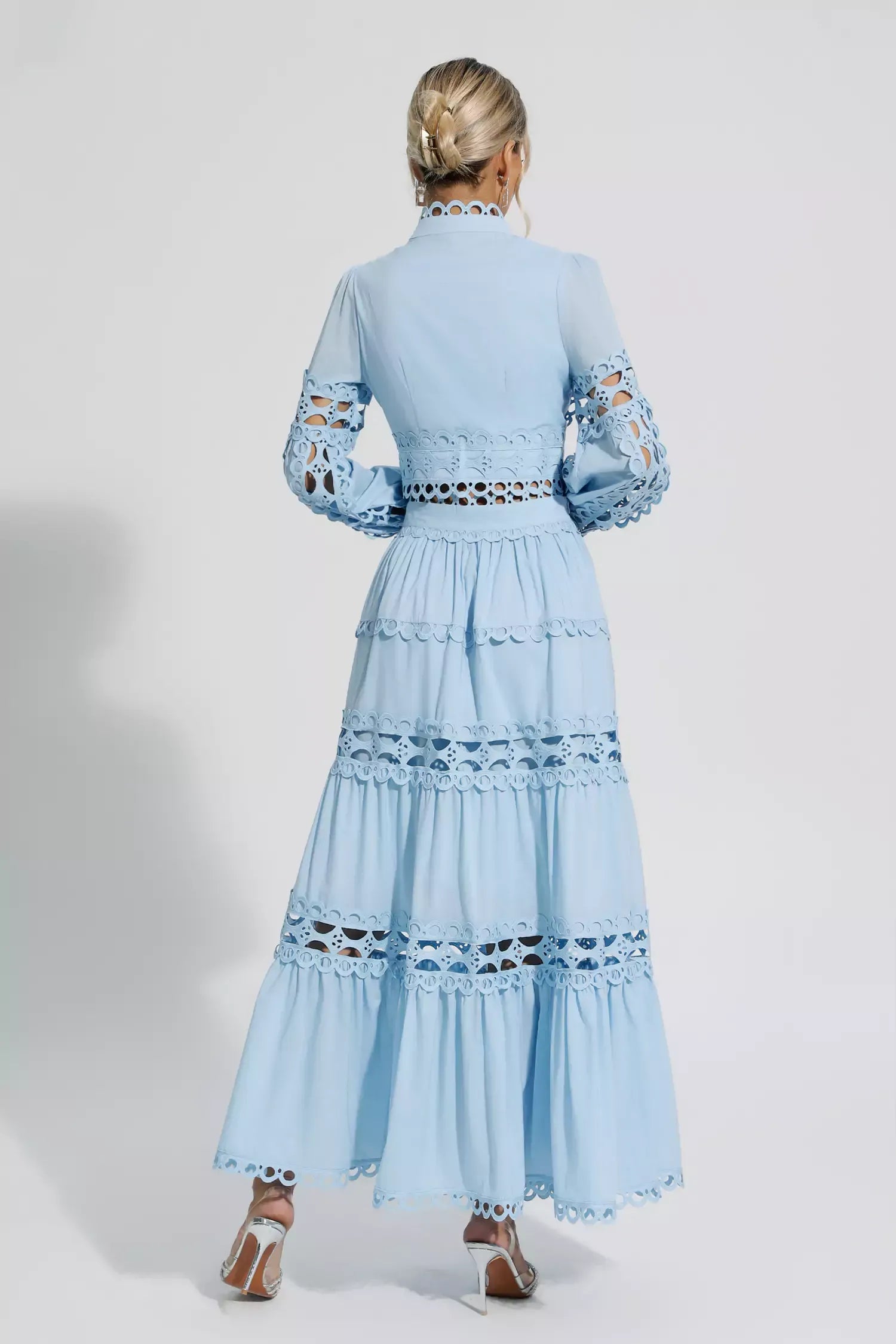 Julieta Mavi Kesik Uzun Kollu Maksi Elbise