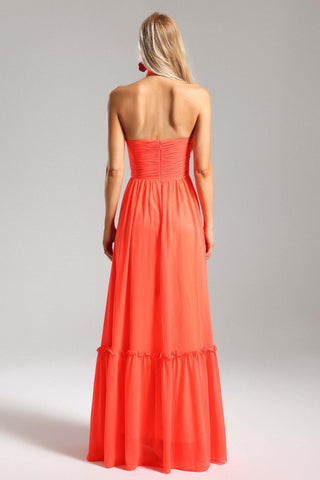 Clea Halter Yaka Pileli Çiçekli Maxi Elbise