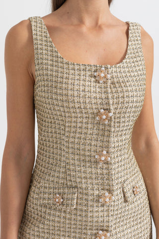 Altın Dekoratif Düğmeli Desenli Mini Elbise