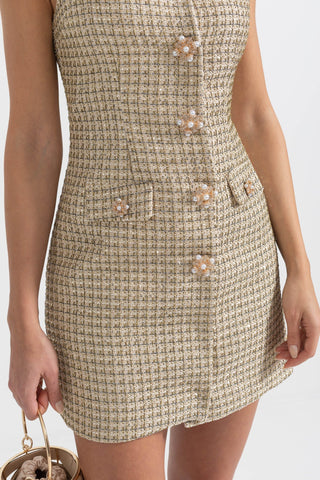 Altın Dekoratif Düğmeli Desenli Mini Elbise