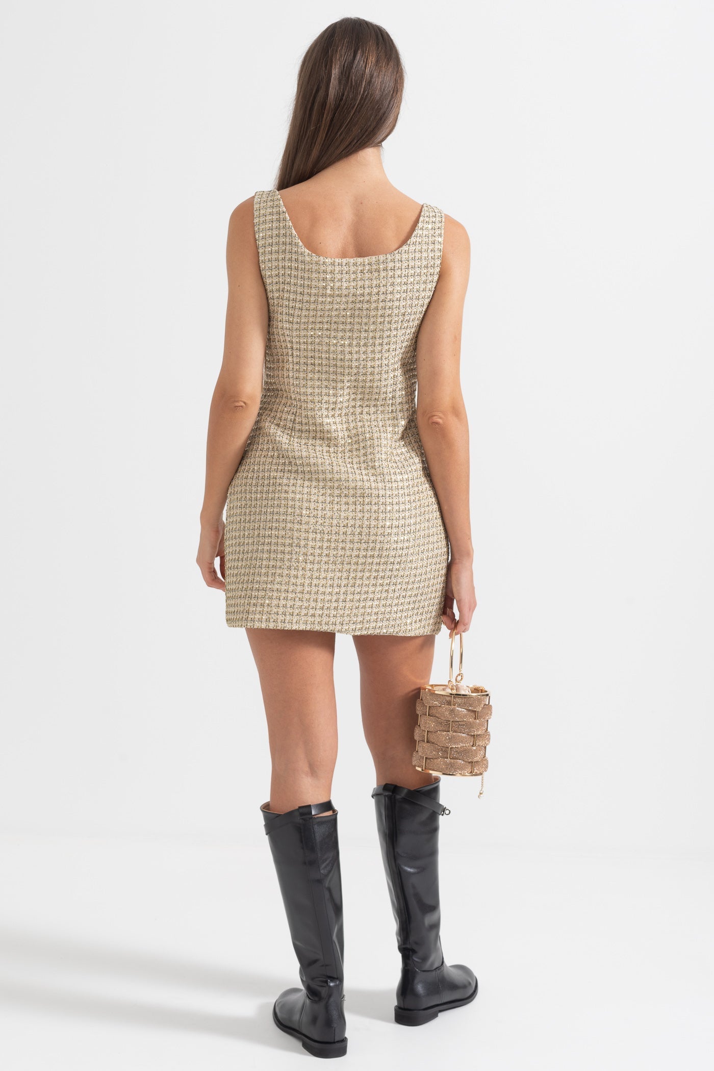 Altın Dekoratif Düğmeli Desenli Mini Elbise