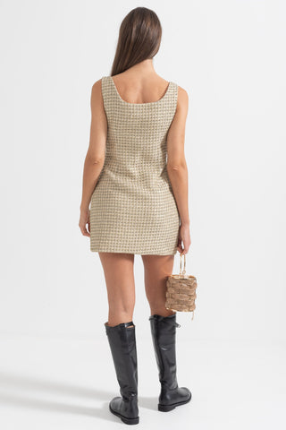 Altın Dekoratif Düğmeli Desenli Mini Elbise