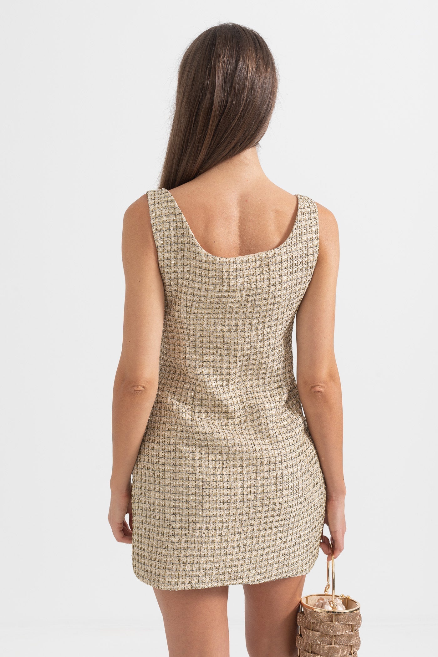 Altın Dekoratif Düğmeli Desenli Mini Elbise