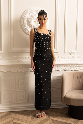 Zarif Kristal Süslemeli Vücuda Oturan Elbise – Siyah