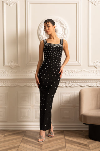 Zarif Kristal Süslemeli Vücuda Oturan Elbise – Siyah