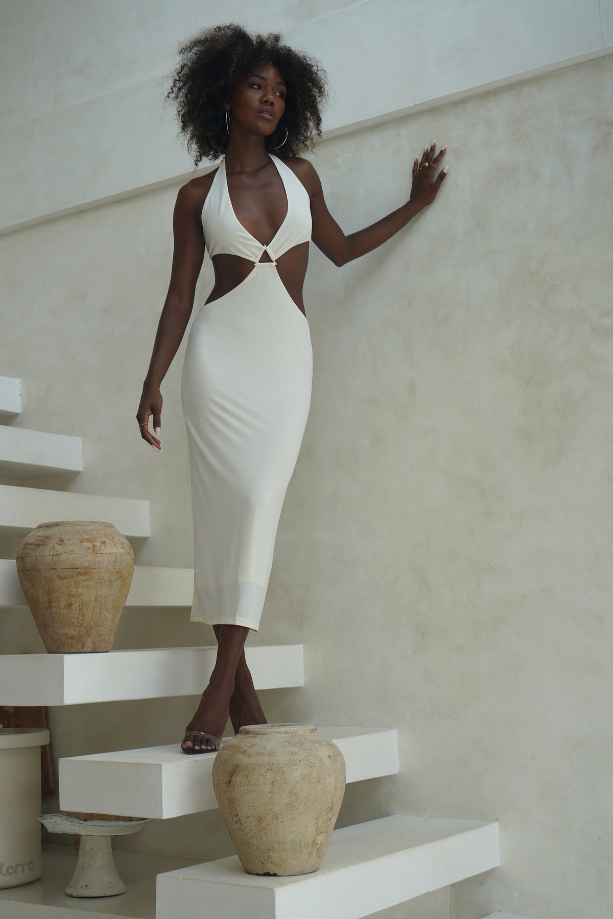 Natalie Boyundan Bağlamalı Cut Out Midi Elbise - Bone