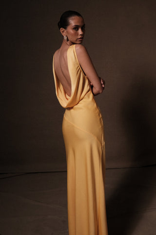 Nadia Sırtı Açık Uzun Saten Elbise - Limon