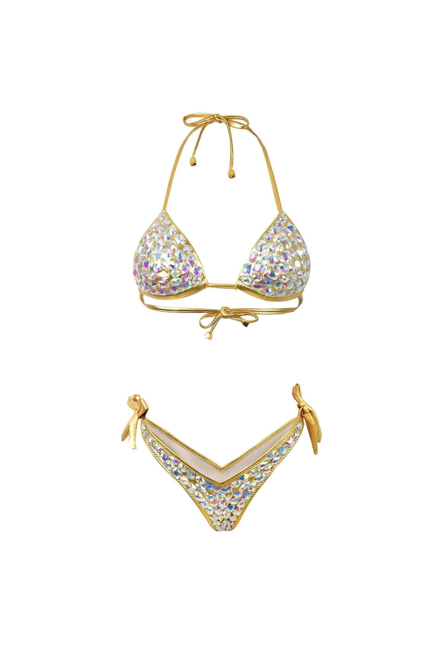 El Yapımı Taş Detaylı Altın Renkli Bikini