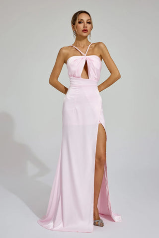 Katell Pembe Yırtmaçlı Boyundan Bağlamalı Maxi Elbise
