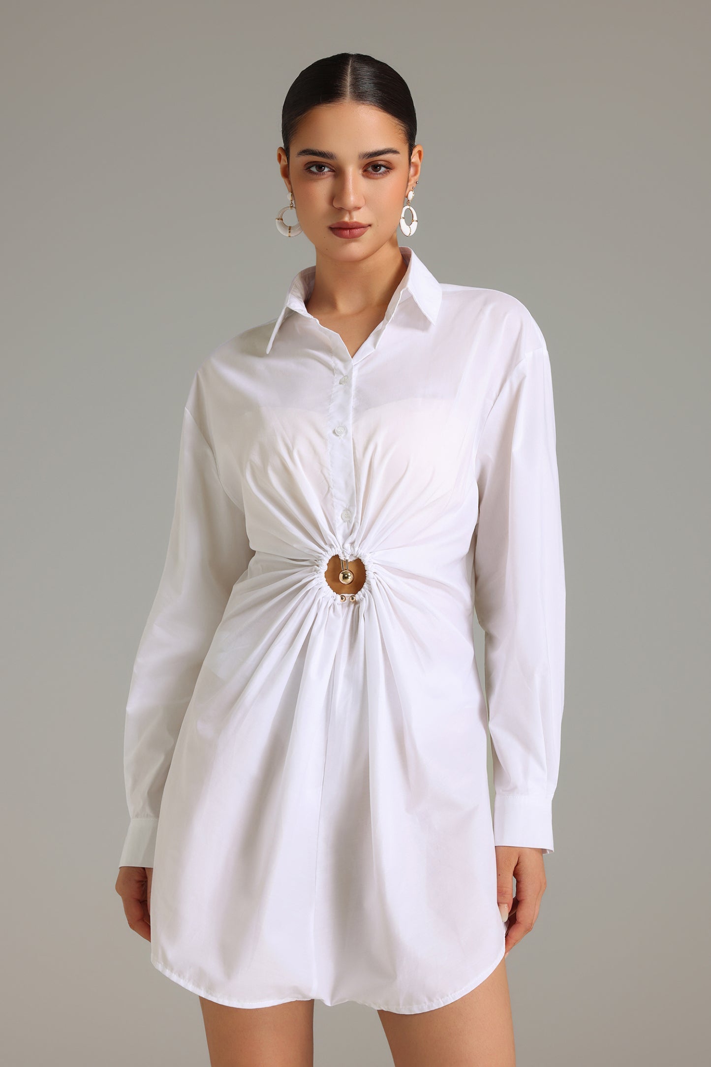 Elma Detaylı Pileli Mini Gömlek Elbise