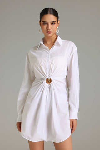 Elma Detaylı Pileli Mini Gömlek Elbise