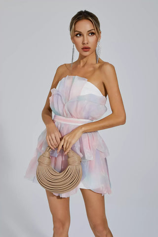 Elsa Pembe Kemerli Mini Kıvrımlı Elbise