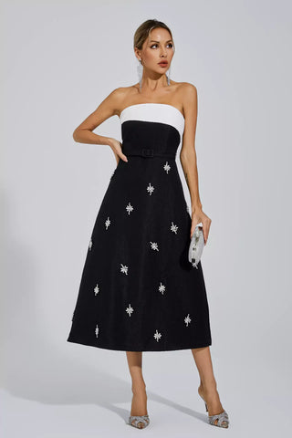 Emberlynn Siyah Beyaz Patchwork Midi Elbise